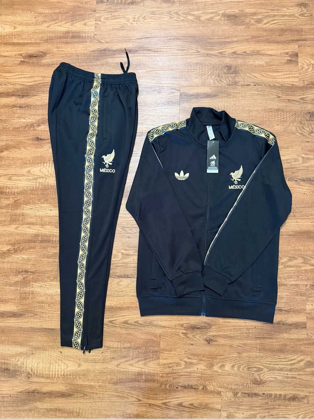 adidas Black Track Jacket and Pants with Gold Mexico Accents Size S